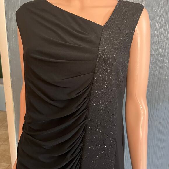 R & M Richards Cocktail Party Black Glittery Ruched Dress Asymmetrical Neck 14 - Picture 2 of 5
